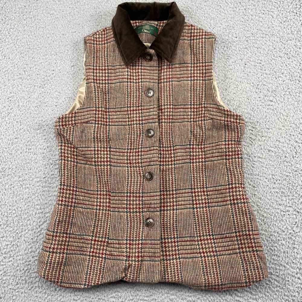 Vintage Orvis Vest Womens 6 Tan Plaid Wool Corduroy Collar Button Front Outdoor